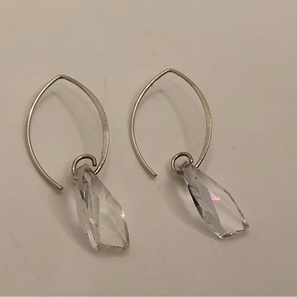 Sterling Crystal Drop Curved Wire Post Earrings Facet Cut 2” - Picture 2 of 6